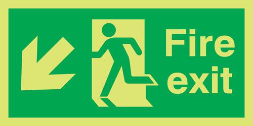Fire Exit Running Man Arrow Down Left - Xtra Glo
