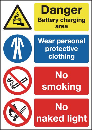 Danger Battery Charging Area Wear Personal Protective Clothing No Smoking No Naked Light
