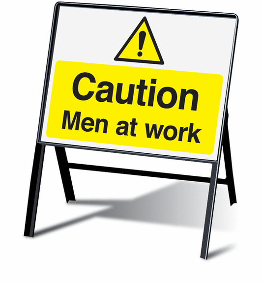 Caution Men at work stanchion sign