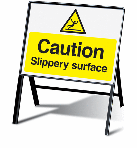 Caution Slippery surface stanchion sign