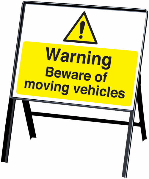 Warning Beware of moving vehicles stanchion sign