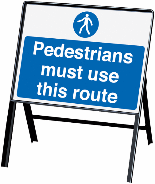 Pedestrian must use this route stanchion sign
