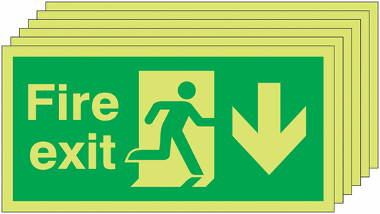 Fire Exit Running Man Arrow Down - Nite Glo Pk of 6