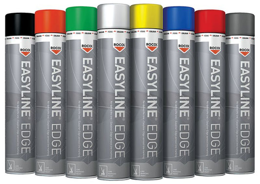 Set of Rocol Easyline Edge spray paint cans in various colors.