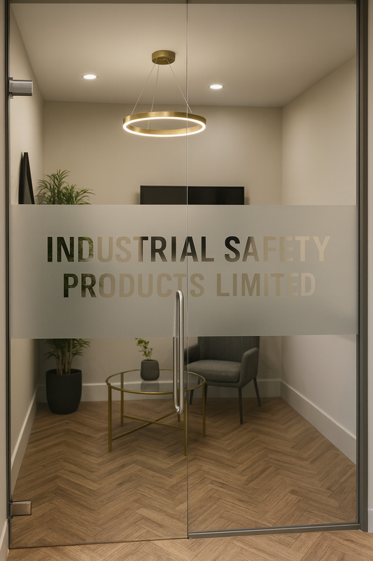 Etched frosted vinyl glass office partition with cut-out company name Industrial Safety Products Limited