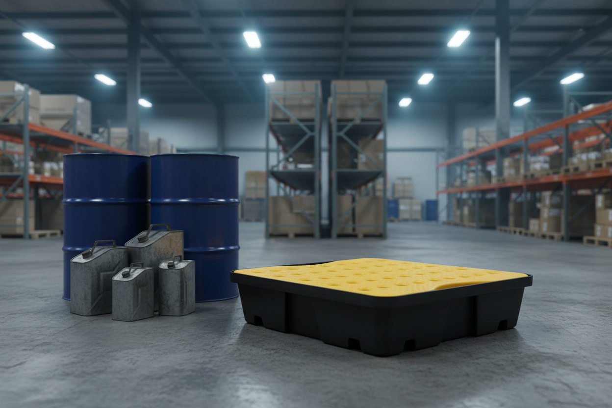 Large black and yellow plastic oil catcher in a warehouse setting with blue barrels and pallets.
