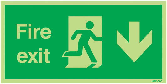 150x300mm Fire Exit Running Man Arrow Down - Nite Glo Rigid