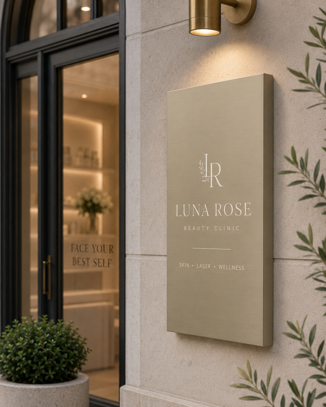 Brushed champagne gold wall mounted sign tray for a beauty clinic, installed on a light exterior wall beside a modern shopfront