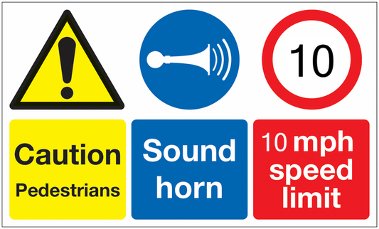 Caution Pedestrians Sound Horn 10mph Speed Limit
