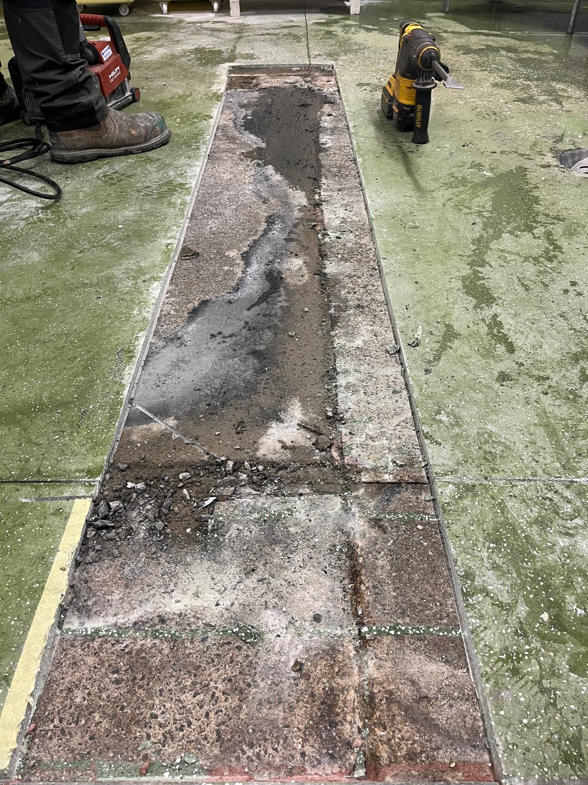 Exposed floor area during preparation for a PU repair
