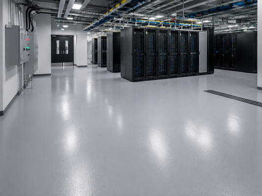 Clean data centre server room showing durable grey resin flooring, server racks and safe access space for maintenance teams.