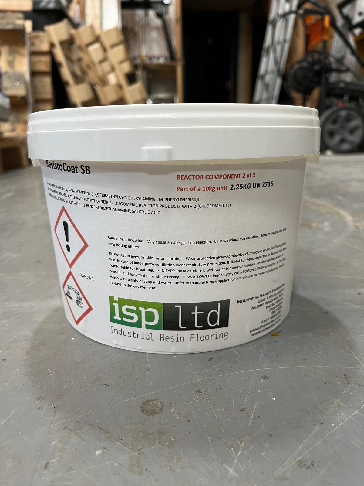 A bucket of epoxy resin coating standard build Mid Grey part 2 hardener by ISP ltd on a concrete floor.