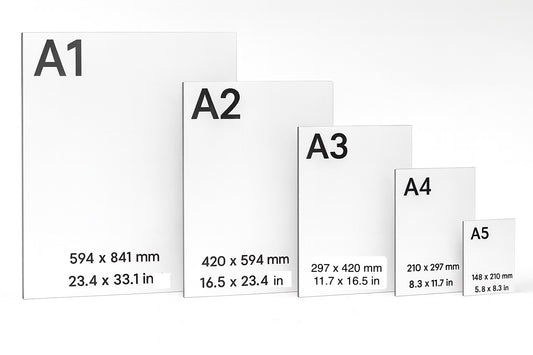Illustration of various white Aluminium Composite Sign Blank sizes with dimensions labeled.