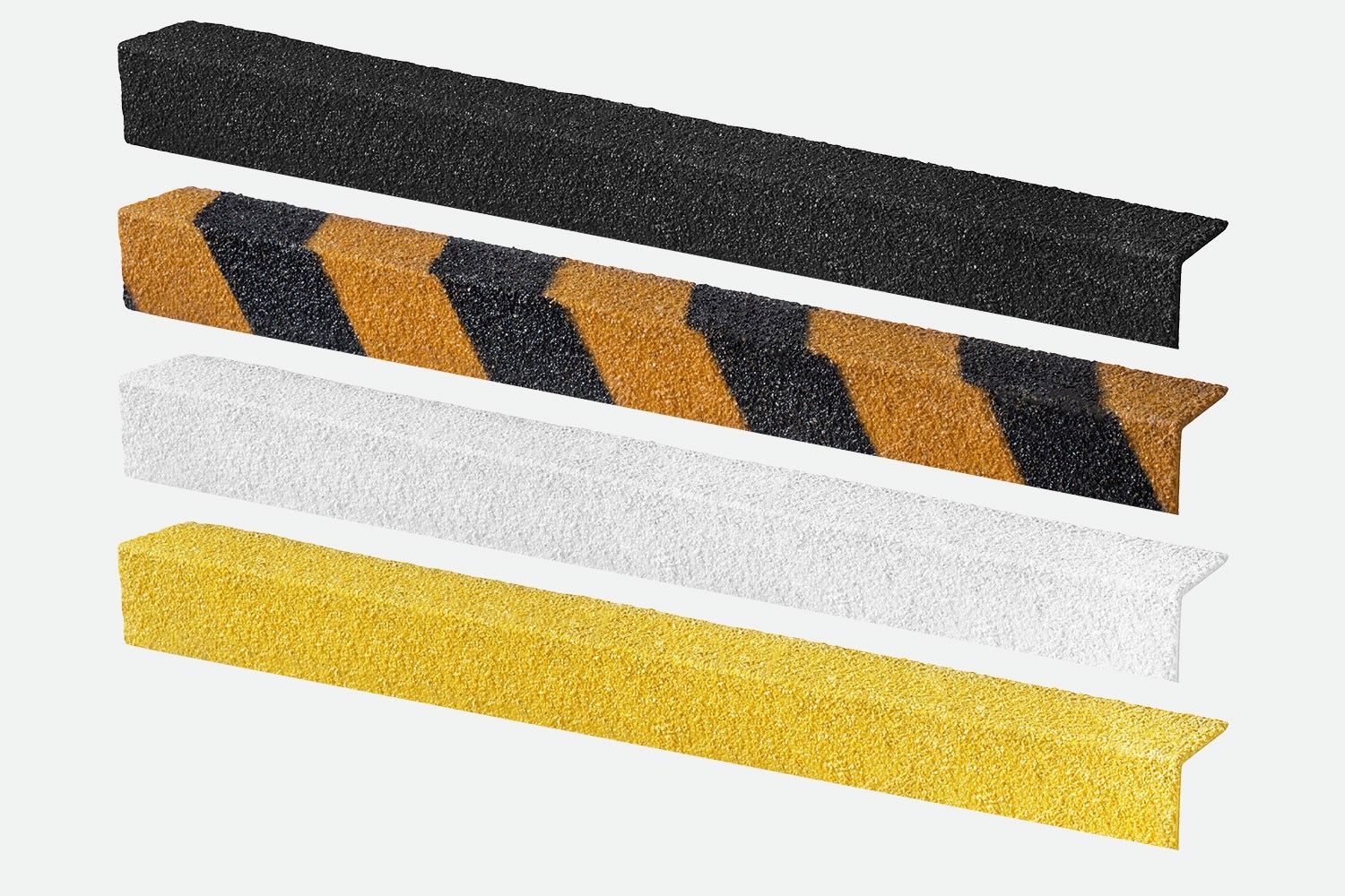 Set of four GRP Stair nosing strips in black and orange, white, black and yellow background