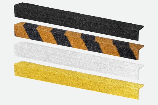 Set of four GRP Stair nosing strips in black and orange, white, black and yellow background