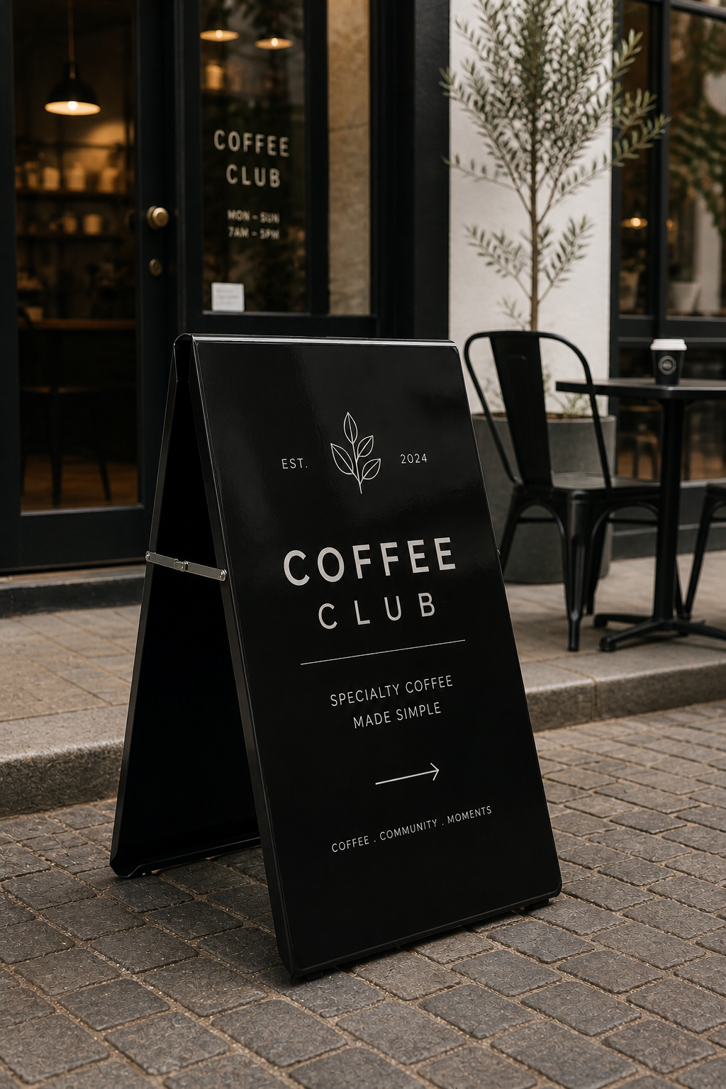 free standing custom Black a-frame pavement sign outside coffee shop