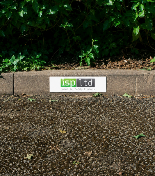 Branded parking kerb sign with corporate branding logo in car park.