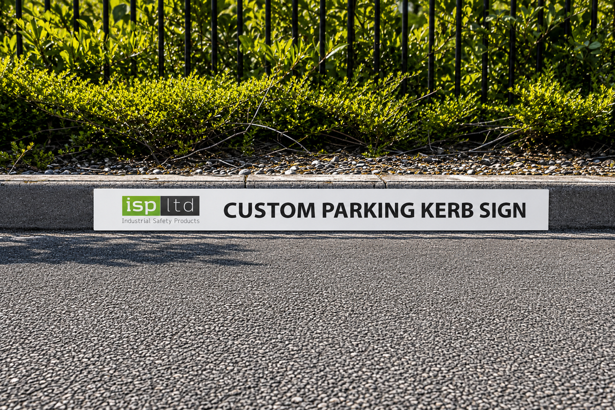Custom parking kerb sign with corporate branding logo in car park.