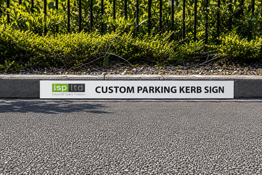 Custom parking kerb sign with corporate branding logo in car park.