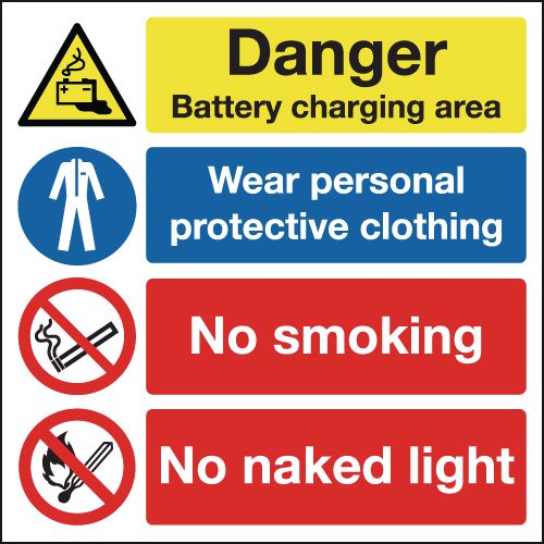 Danger Battery Charging Area Wear Personal Protective Clothing No Smoking No Naked Light