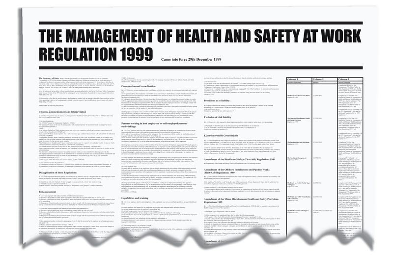 The Management of Health & Safety at Work Regulation 1999 Wallchart