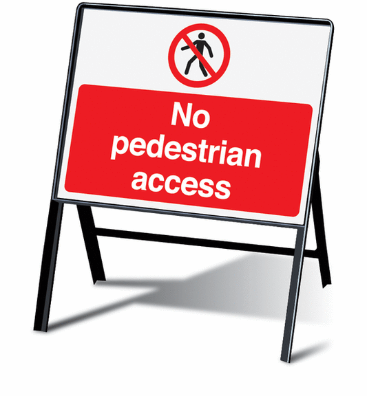 No pedestian access stanchion sign