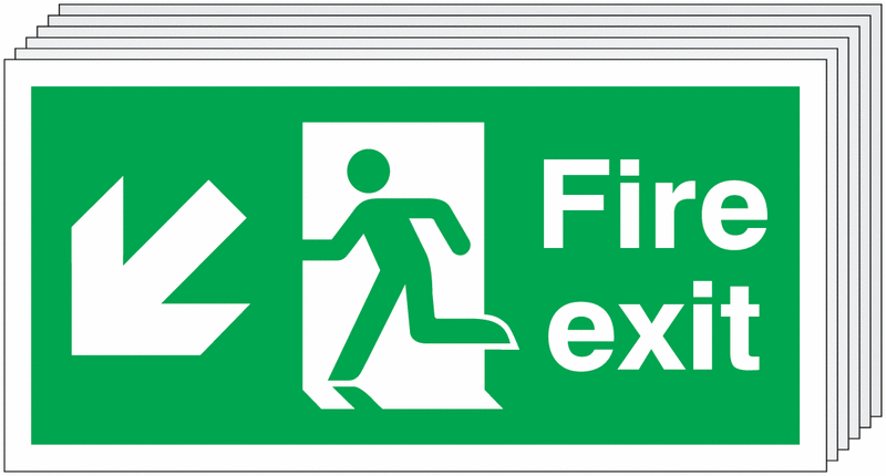 Fire Exit Running Man Arrow Down Left - Pk of 6