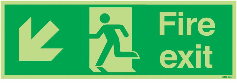 Fire Exit Running Man Arrow Down Left - Nite Glo