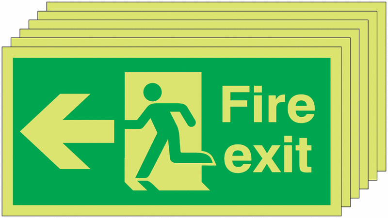 Fire Exit Running Man Arrow Left - Nite Glo Pk of 6