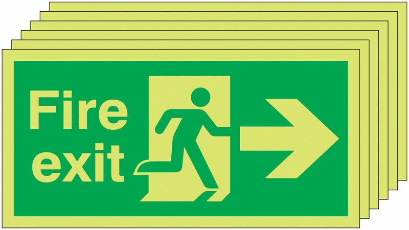 Fire Exit Running Man Arrow Right - Nite Glo Pk of 6