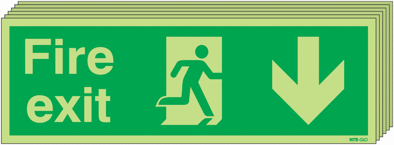 Fire Exit Running Man Arrow Down - Nite Glo Pk of 6