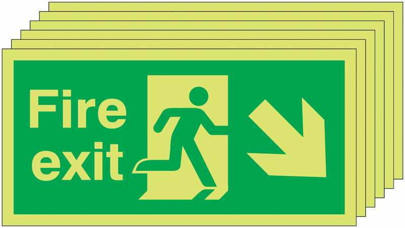 Fire Exit Running Man Arrow Down Right - Nite Glo Pk of 6