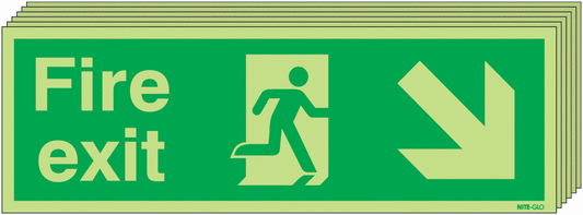 Fire Exit Running Man Arrow Down Right - Nite Glo Pk of 6