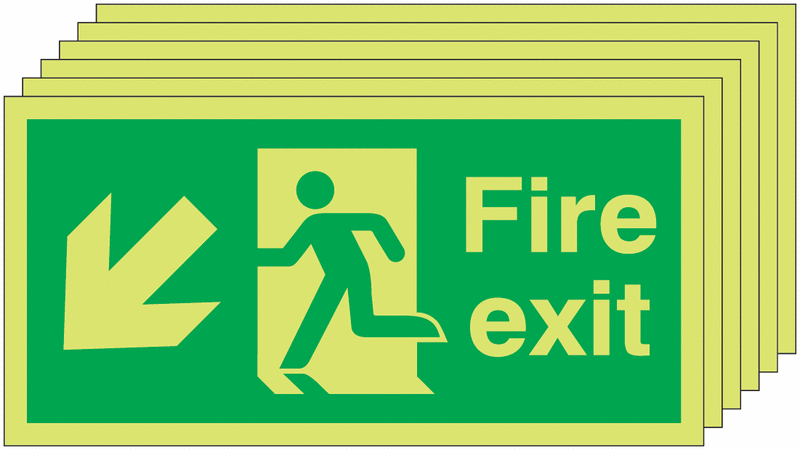 Fire Exit Running Man Arrow Down Left - Nite Glo Pk of 6