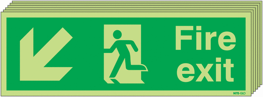 Fire Exit Running Man Arrow Down Left - Nite Glo Pk of 6