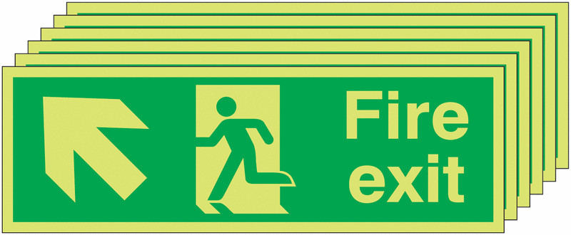 Fire Exit Running Man Arrow Up Left - Nite Glo Pk of 6