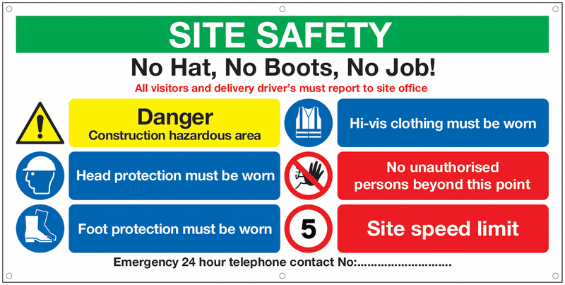Site Safety No Hat No Boots - Banner Sign 500gsm PVC