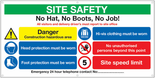 Site Safety No Hat No Boots - Banner Sign 500gsm PVC