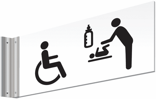 Disabled & Baby changing Symbol Double-sided Washroom Sign - T Bar - black text on white background