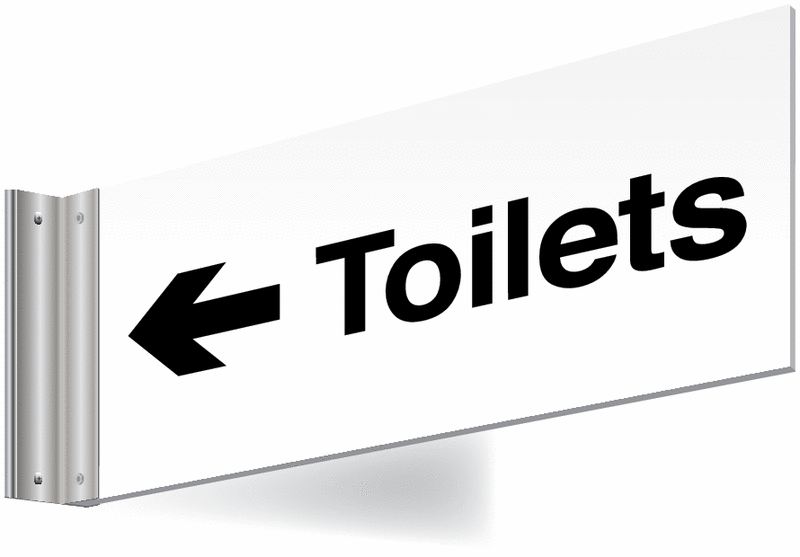 Toilets left arrow Double-sided Washroom Sign - T Bar - black text on white background