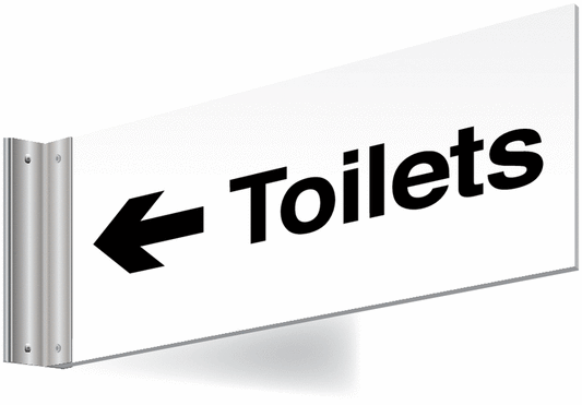 Toilets left arrow Double-sided Washroom Sign - T Bar - black text on white background