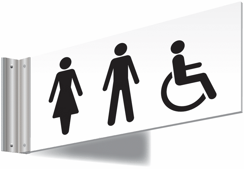 Male Female Disabled Symbol Double-sided Washroom Sign - T Bar - black text on white background