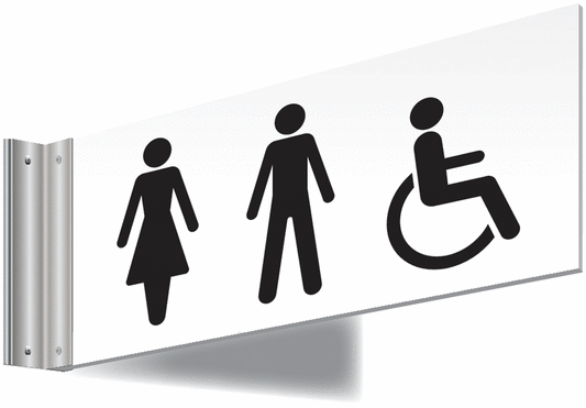 Male Female Disabled Symbol Double-sided Washroom Sign - T Bar - black text on white background