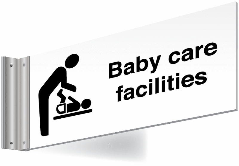 Baby care facilities Double-sided Washroom Sign - T Bar - black text on white background