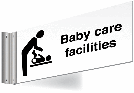 Baby care facilities Double-sided Washroom Sign - T Bar - black text on white background