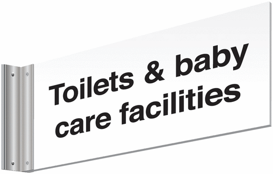 Toilet & baby care facilities Double-sided Washroom Sign - T Bar - black text on white background