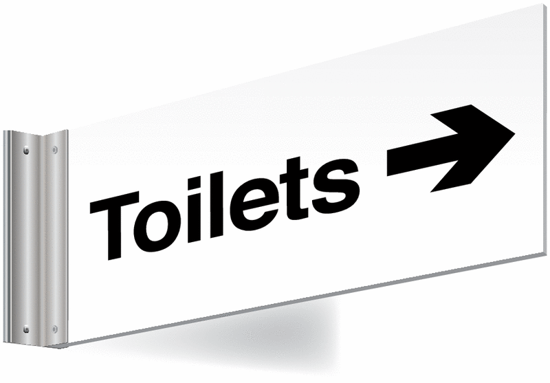 Toilets right arrow Double-sided Washroom Sign - T Bar - black text on white background