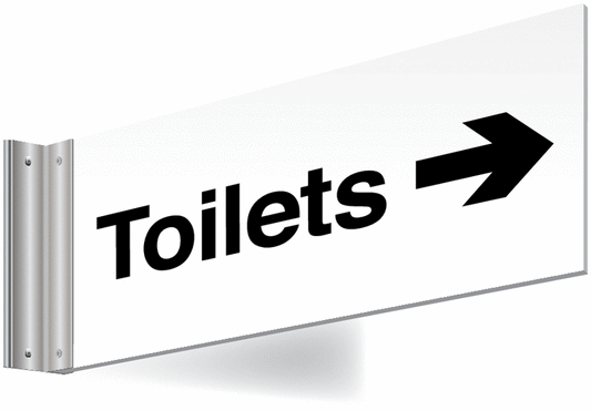 Toilets right arrow Double-sided Washroom Sign - T Bar - black text on white background