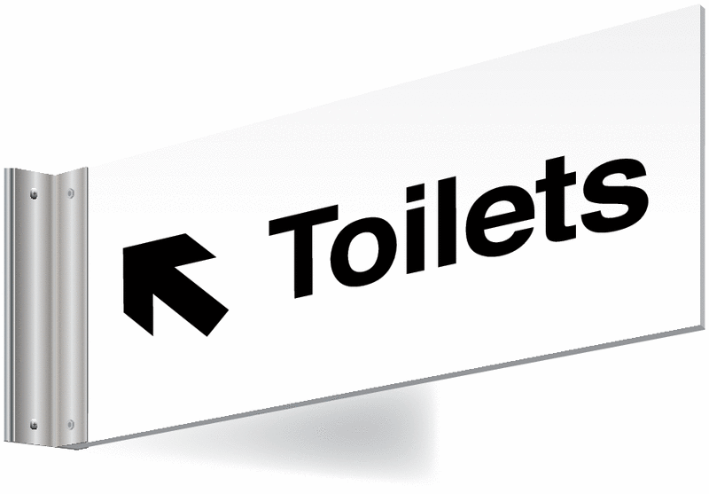 Toilets left up arrow Double-sided Washroom Sign - T Bar - black text on white background