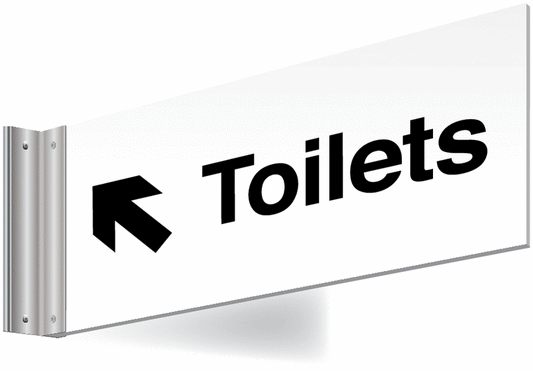 Toilets left up arrow Double-sided Washroom Sign - T Bar - black text on white background